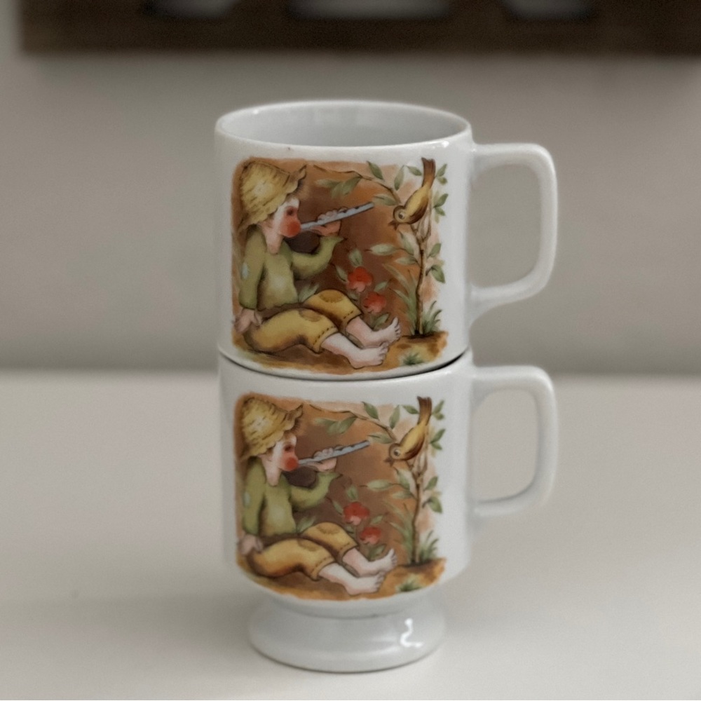 Vintage Children’s Mugs with Little Boy Flute Bird Tree White Stackable Set of 2